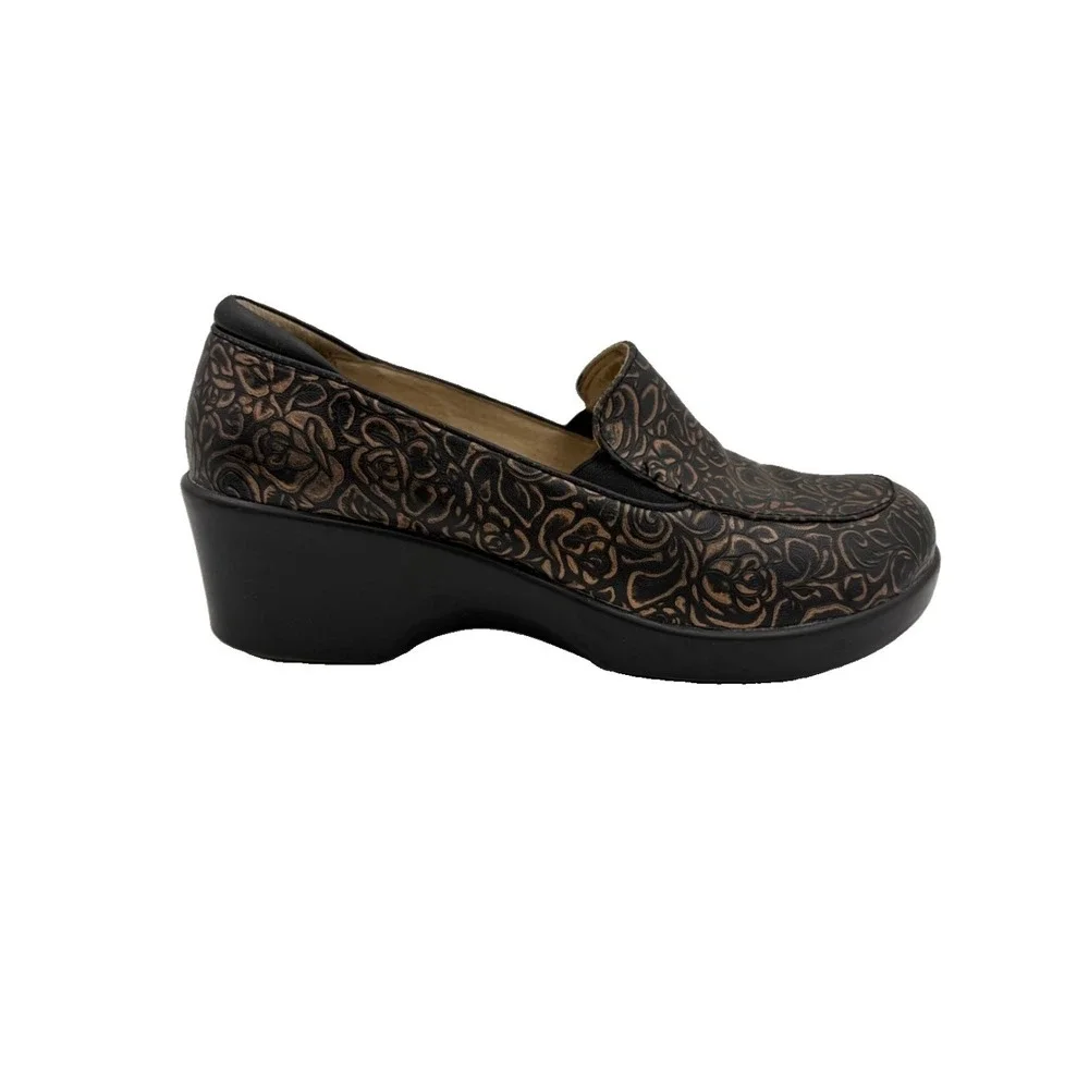 Alegria Emma Bronze Rose Embossed Floral Leather Wedge Black Women 9.5-10 EU 40